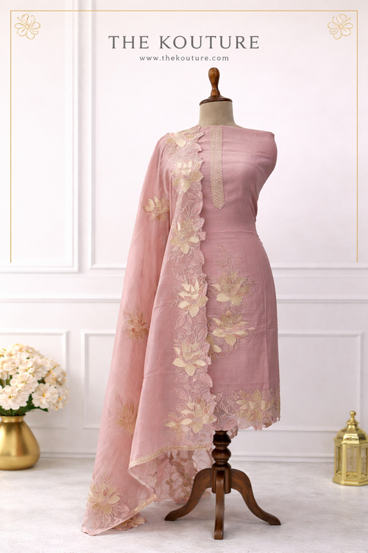 Dusty rose floral embroidered suit set with Dupatta.