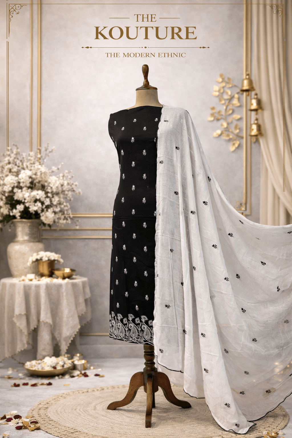 Black cotton suit set with embroidered dupatta for Women.