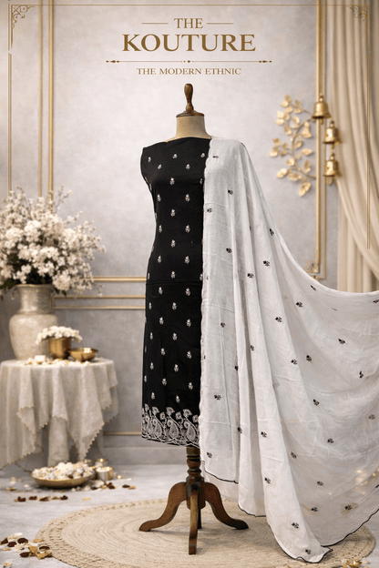 Black cotton suit set with embroidered dupatta for Women.