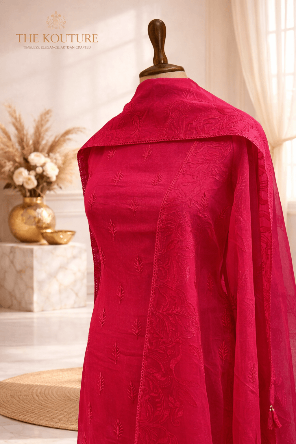 Elegant rani pink suit set with sheer dupatta for women displayed elegantly in a stylish interior.