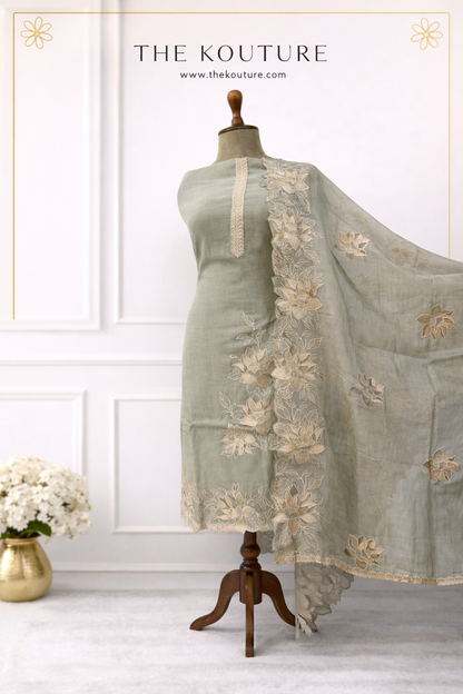 Elegant floral embroidered suit set with Dupatta.