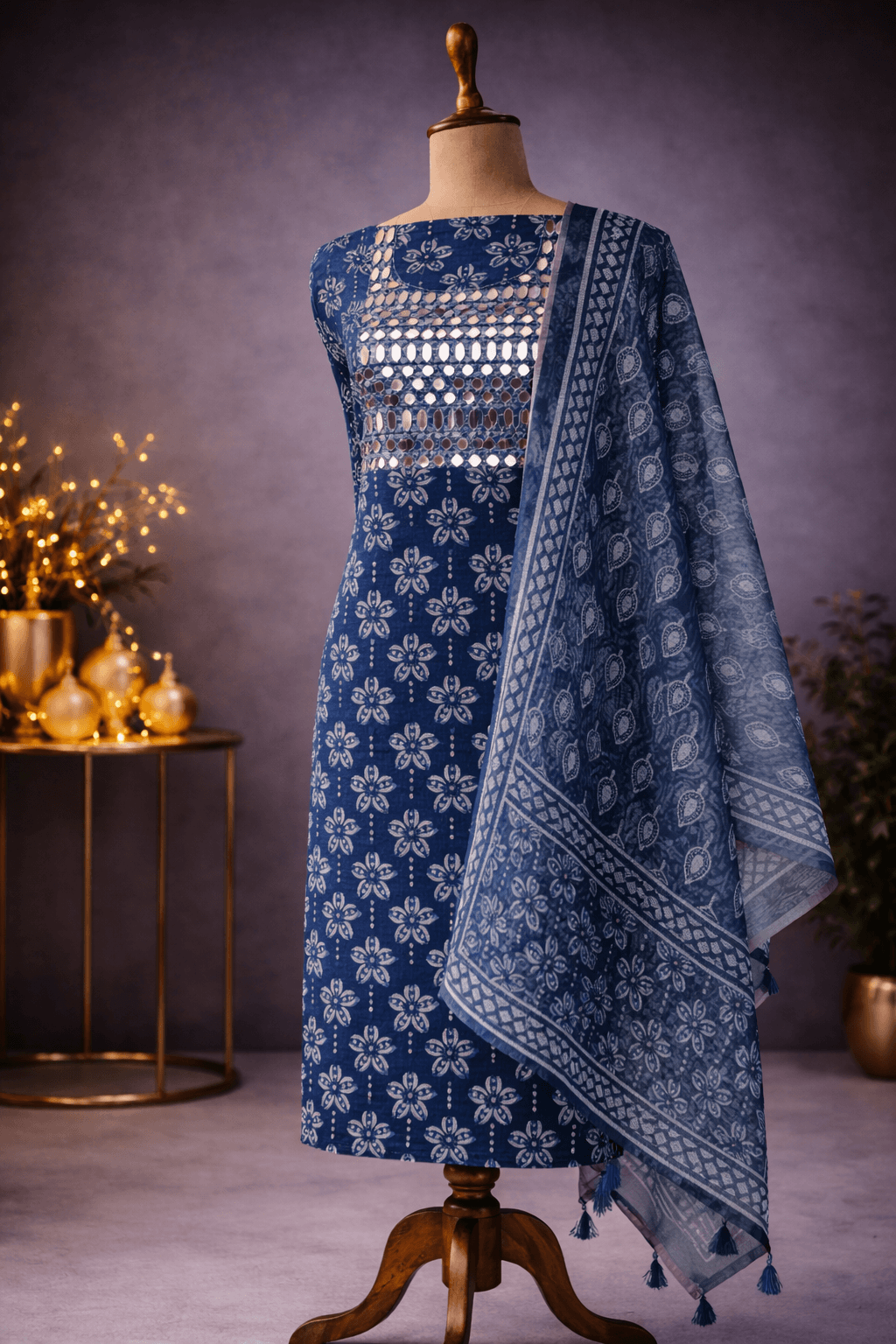 Indigo cotton suit set featuring mirror work kurta and printed dupatta displayed on a mannequin.