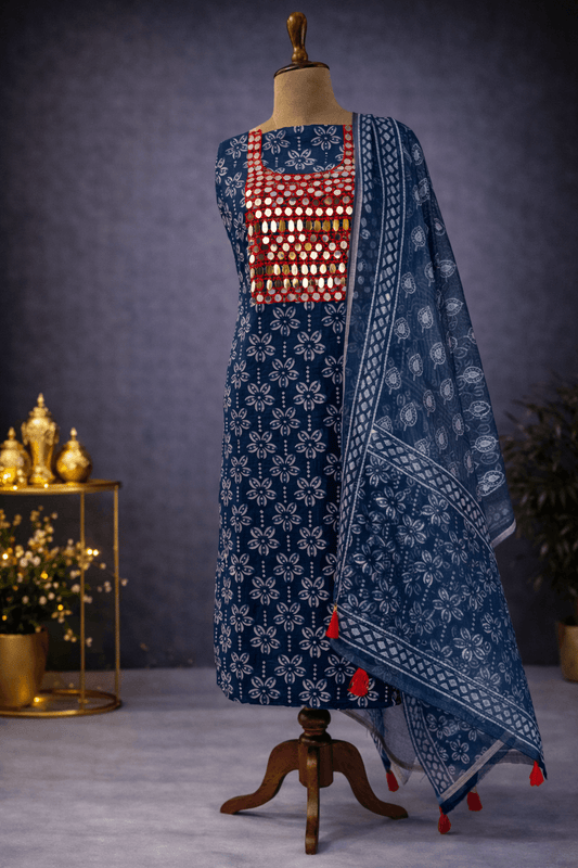 Indigo blue handblock print suit set with Mirror Work Neckline & Tassel Dupatta.