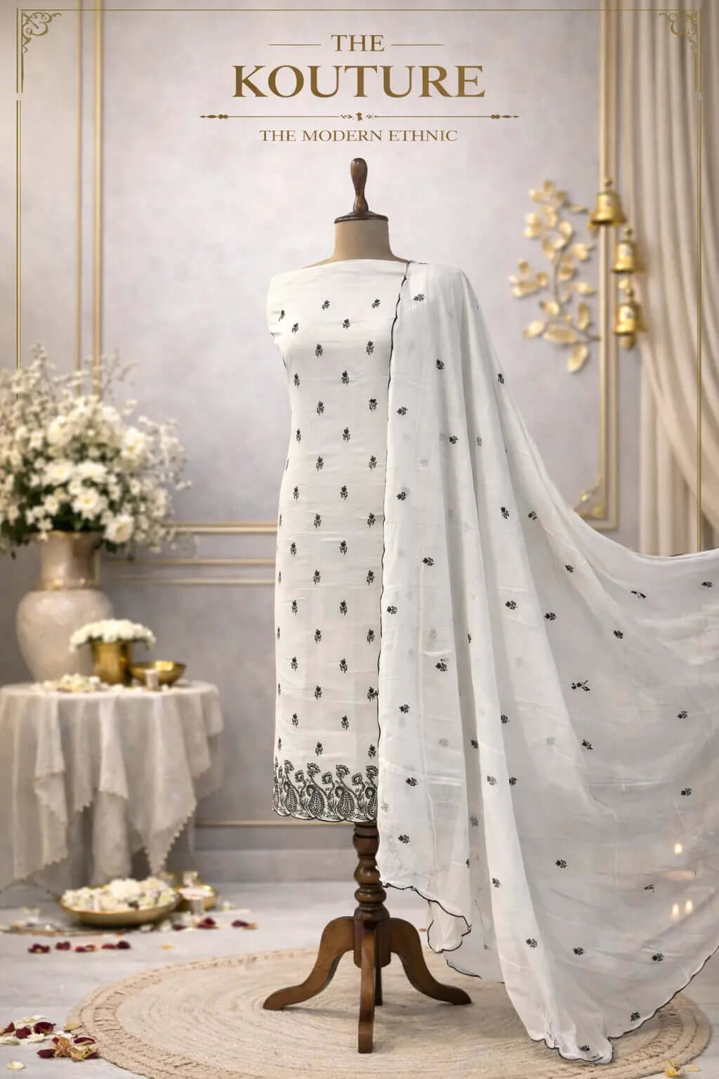 Ivory and black embroidered suit set with Scalloped Dupatta.