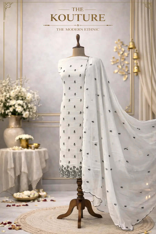 Ivory and black embroidered suit set with Scalloped Dupatta.