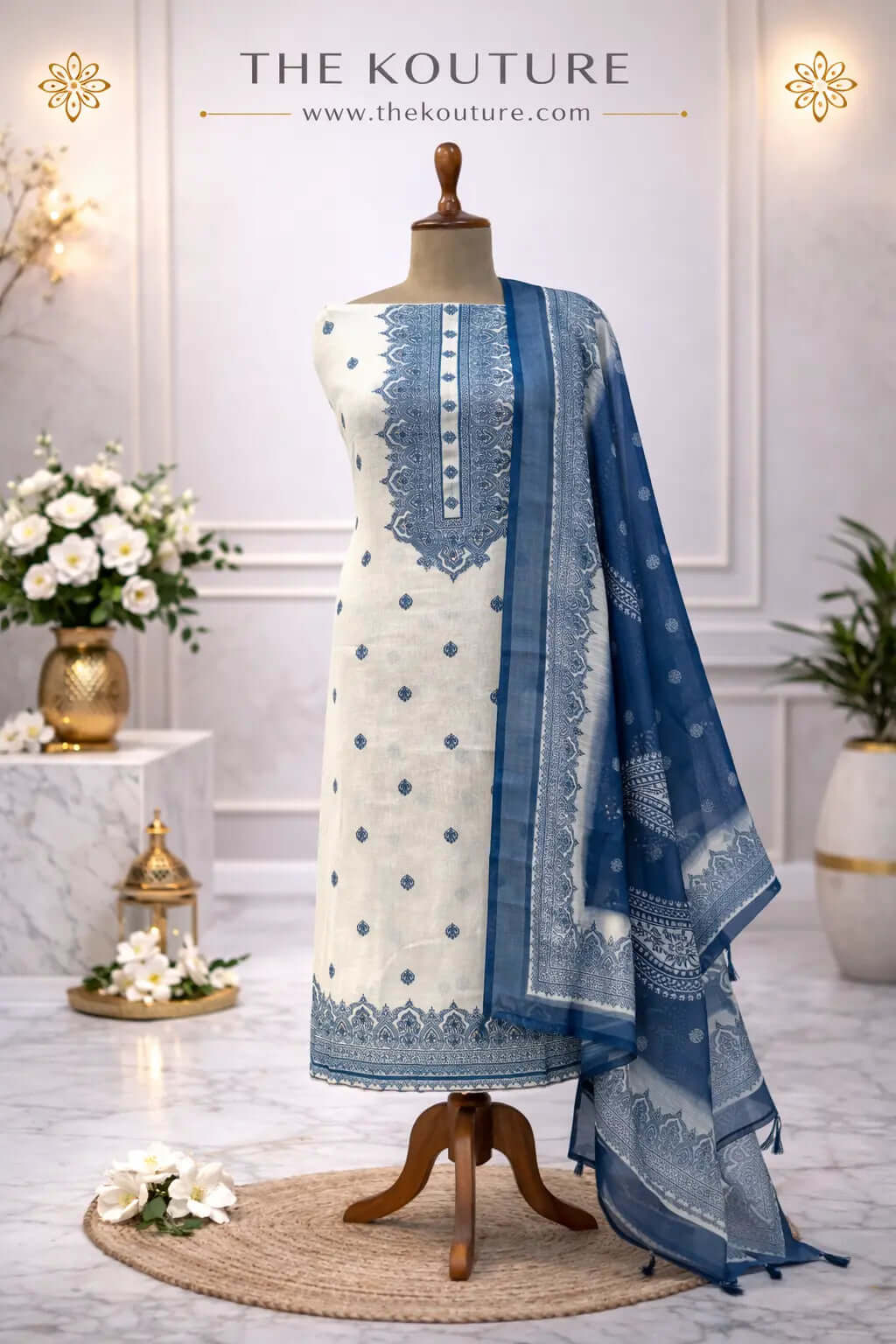 Ivory blue floral ethnic suit set with Designer Dupatta.