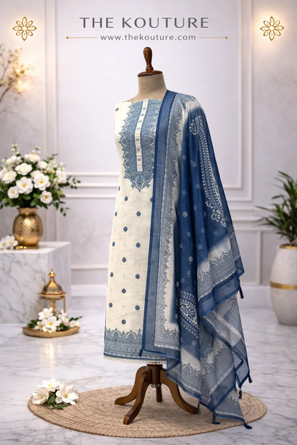 Ivory blue floral ethnic suit set with Designer Dupatta.
