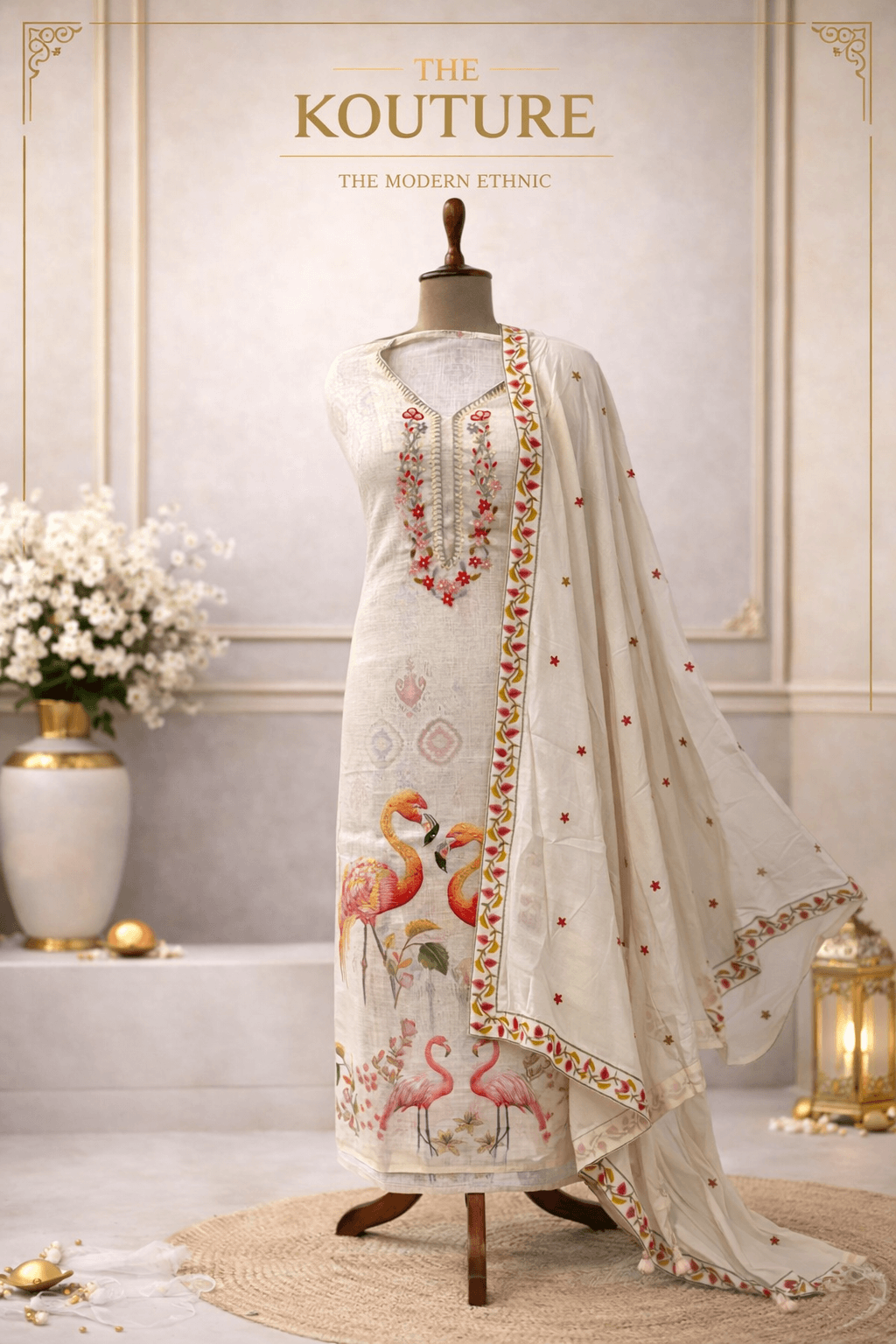 Ivory flamingo print suit set with Embroidered Neckline & Dupatta.