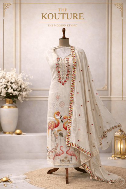 Ivory flamingo print suit set with Embroidered Neckline & Dupatta.