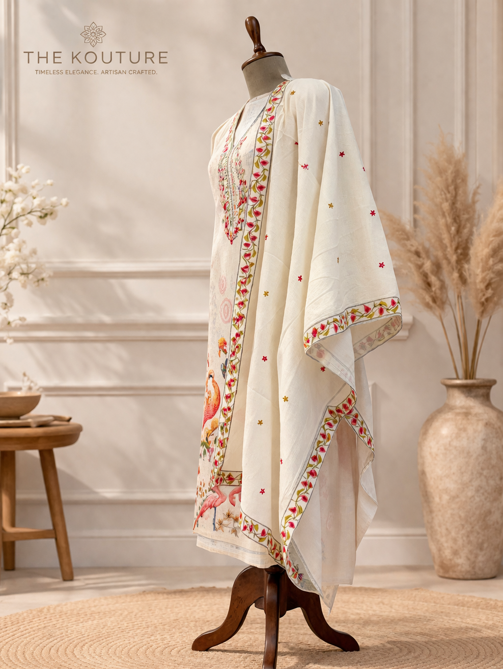 Ivory flamingo print suit set with Embroidered Neckline & Dupatta.