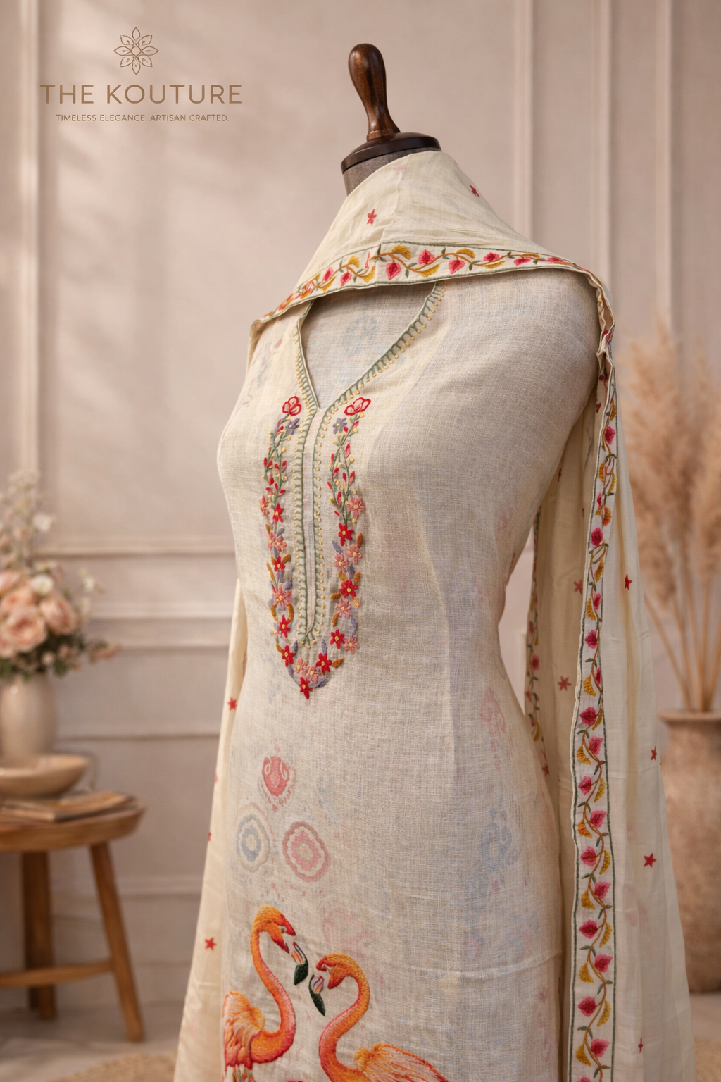 Ivory flamingo print suit set with Embroidered Neckline & Dupatta.