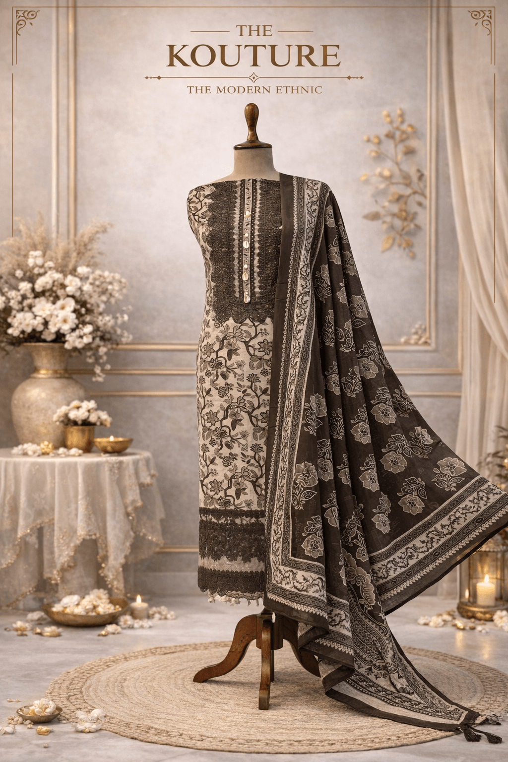 Ivory floral embroidered suit set Printed Dupatta.