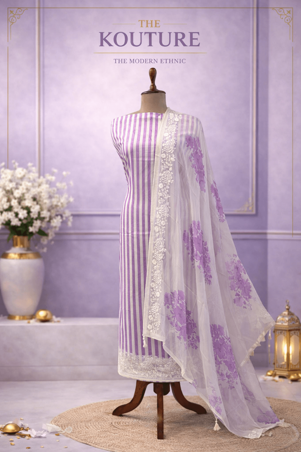 Lavender embroidered salwar suit set with Floral Dupatta.