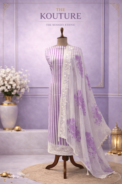 Lavender embroidered salwar suit set with Floral Dupatta.
