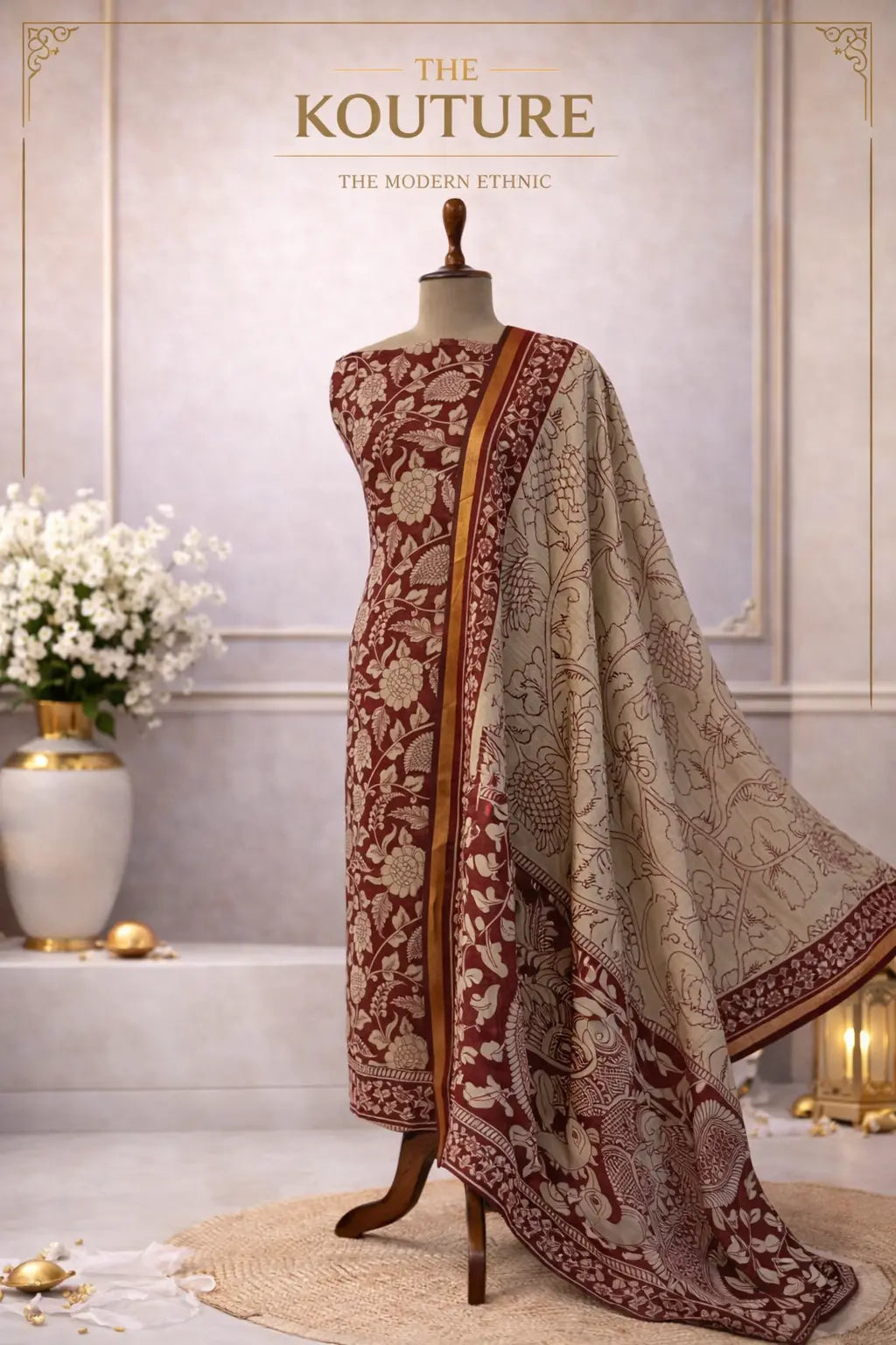 Maroon floral ethnic suit set with Designer Dupatta.