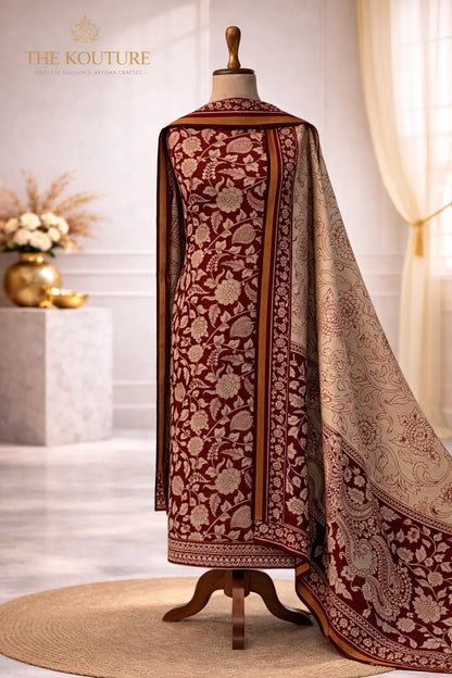 Maroon floral ethnic suit set with Designer Dupatta.