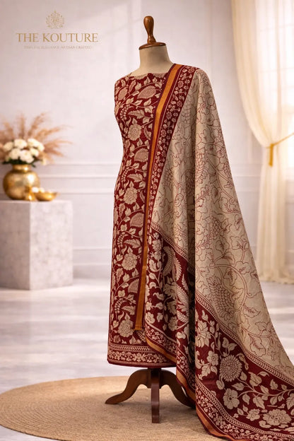 Maroon floral ethnic suit set with Designer Dupatta displayed on a mannequin in a stylish interior.