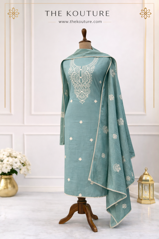 Mint Green Embroidered Cotton Suit Set with Dupatta for Women – Elegant Ethnic Wear.