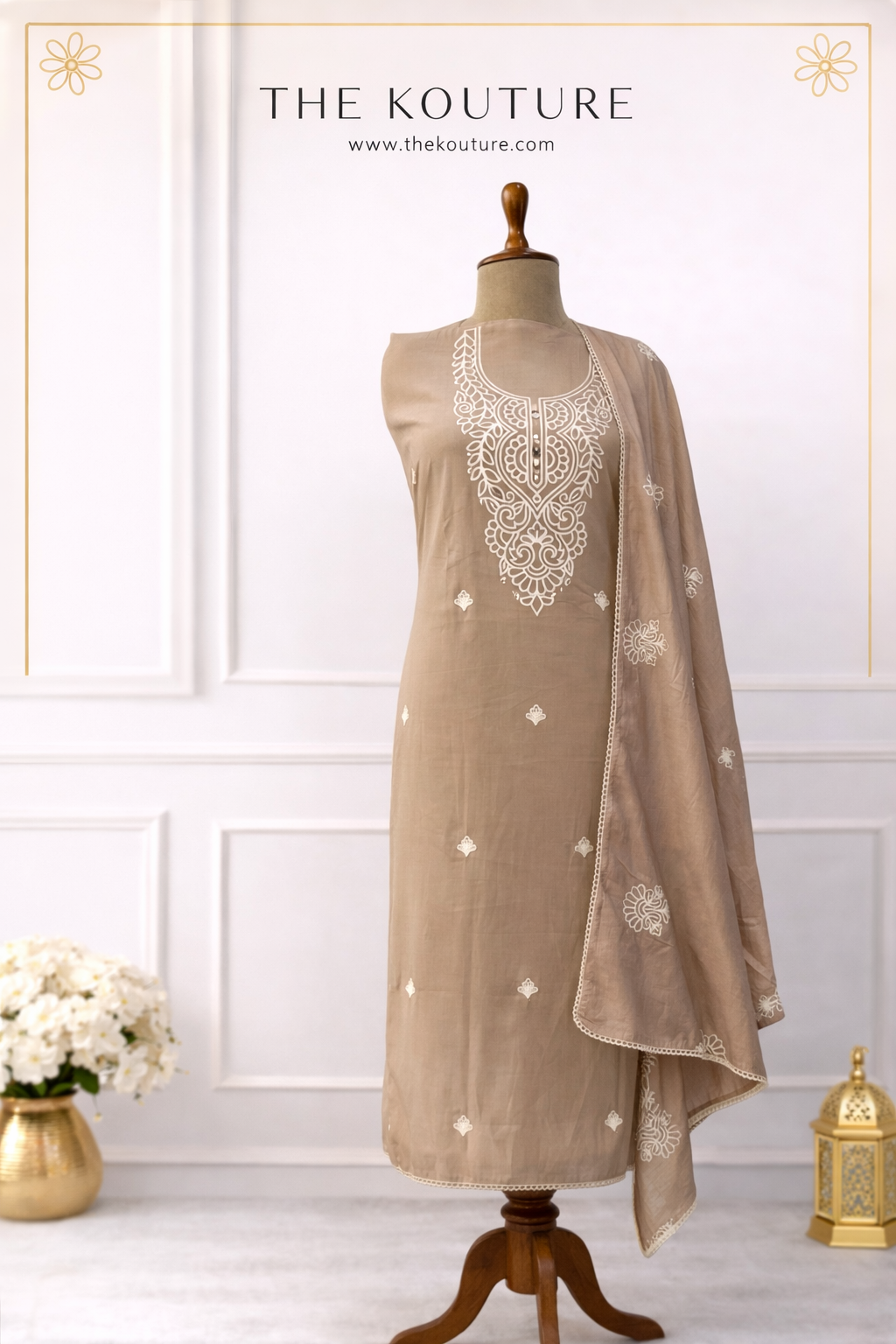 Mocha brown embroidered lawn suit with Dupatta.