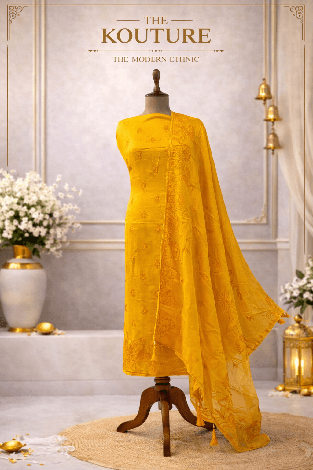 Mustard yellow embroidered suit set with Peacock Motif & Dupatta.