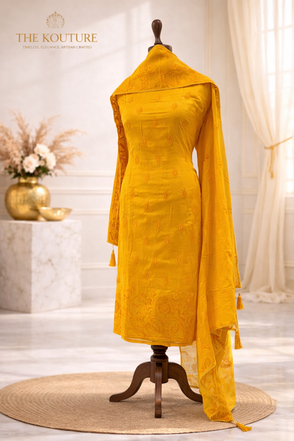 Mustard yellow embroidered suit set with Peacock Motif & Dupatta.