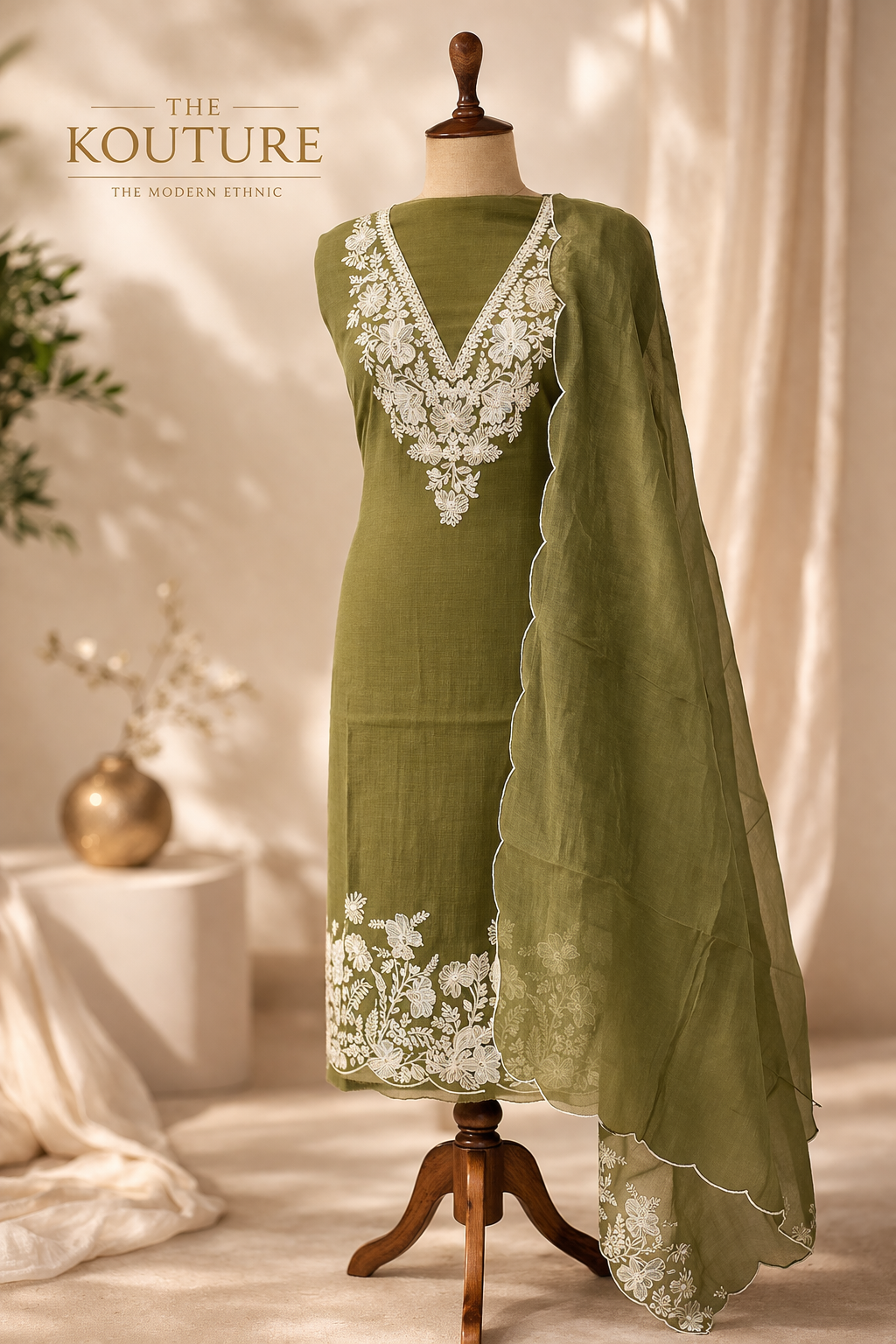 Olive green embroidered suit Suit with Dupatta.