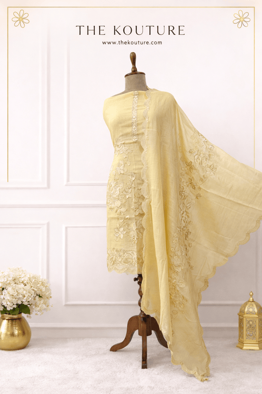 Pastel Yellow Embroidered Cotton Suit Set with Organza Dupatta for Women.