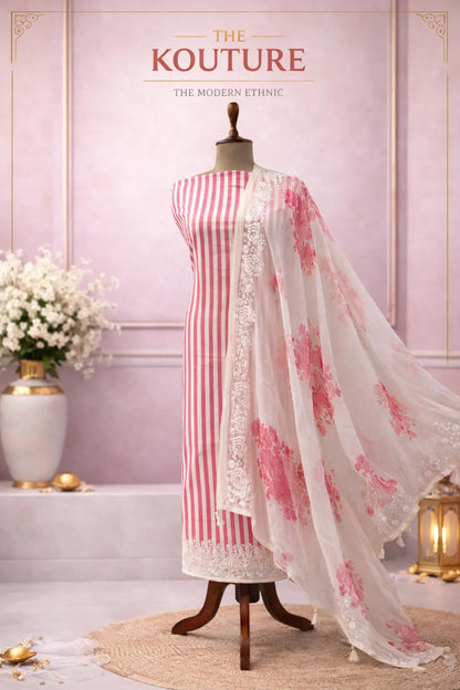 Pink ivory striped ethnic suit set with Floral Dupatta.