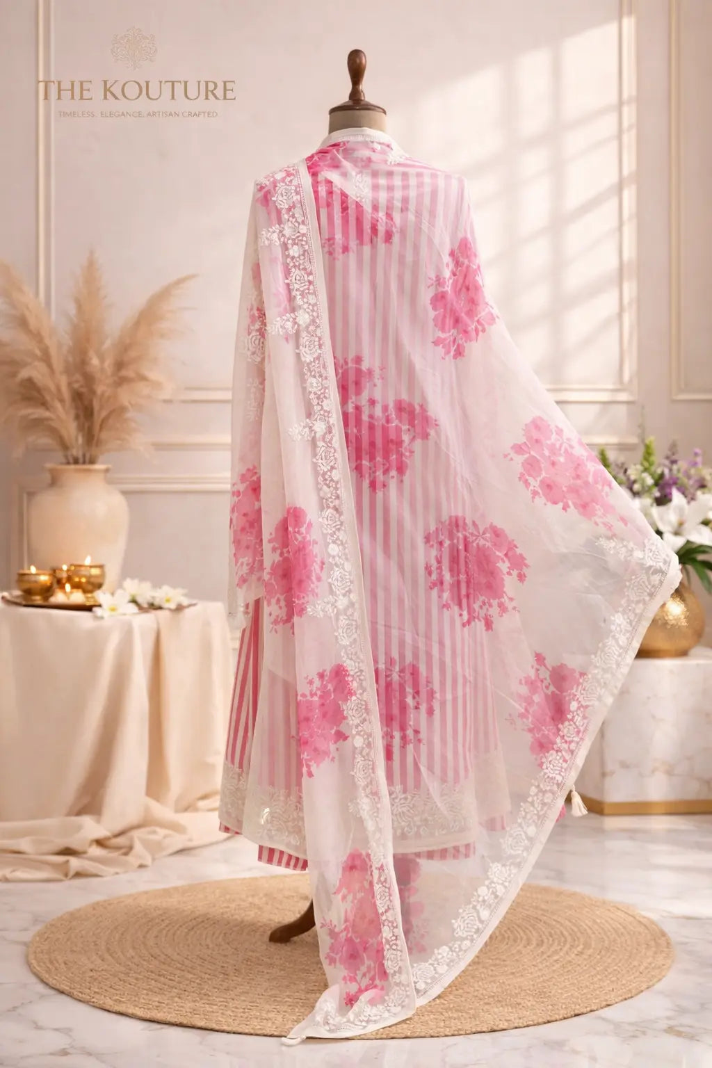 Pink ivory striped ethnic suit set with Floral Dupatta.