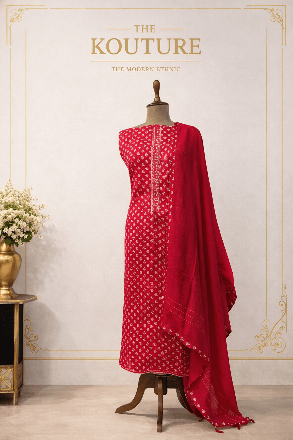 Pink printed suit set for women with Dupatta displayed elegantly on a mannequin.