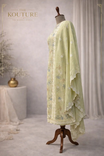 Pistachio green luxury suit set featuring floral embroidery and lace dupatta displayed elegantly on a mannequin.