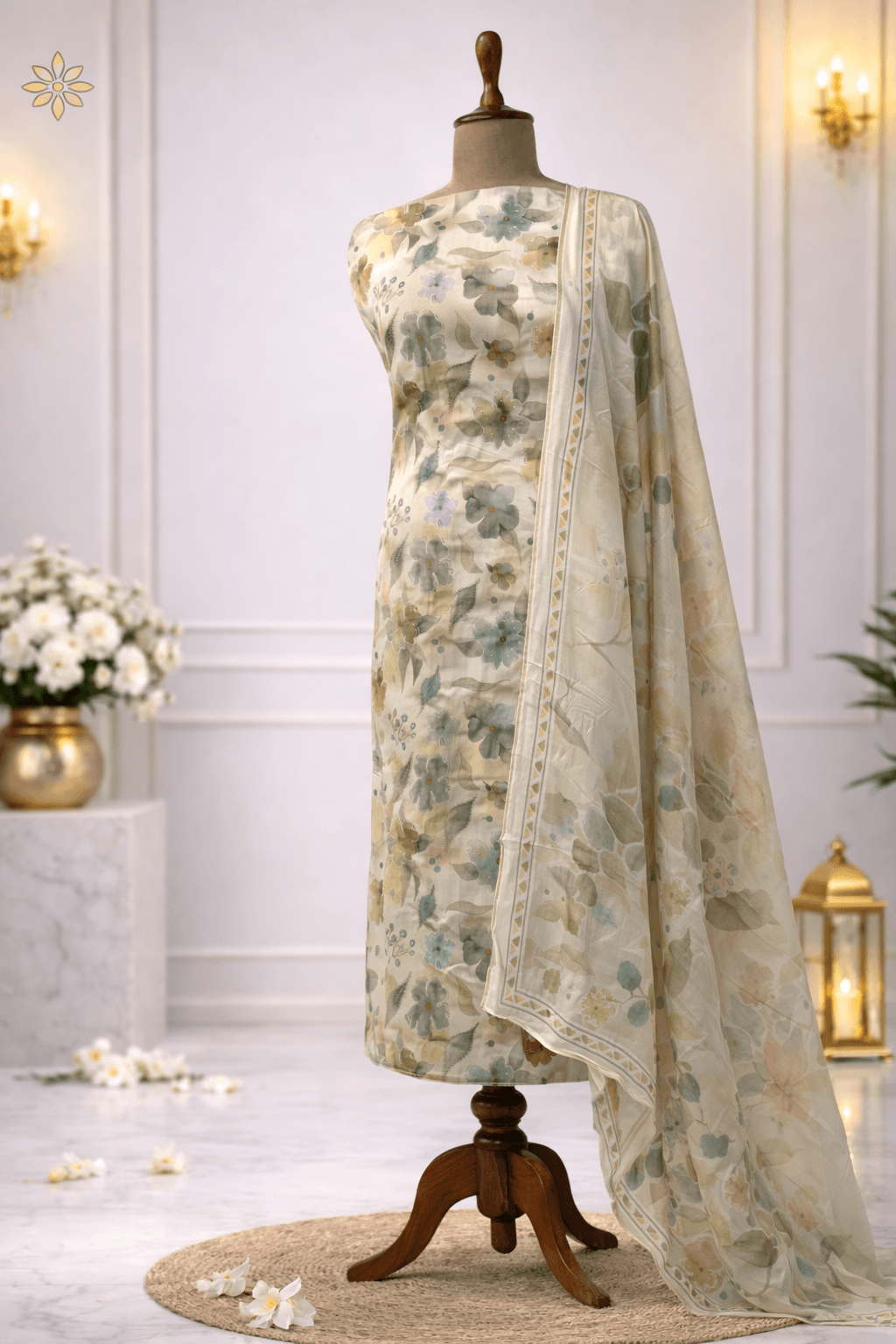 luxury ethnic wear women Premium Pastel Floral Linen Silk Suit Set with Organza Dupatta.