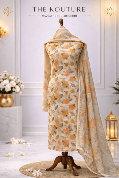 elegant peach suit set Premium Peach Floral Linen Silk Suit Set with Organza Dupatta.