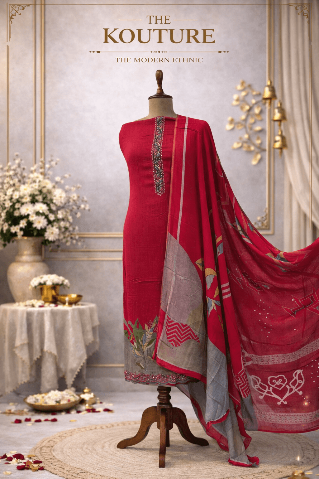 Rani pink embroidered muslin suit set with Botanical Applique & Printed Dupatta.