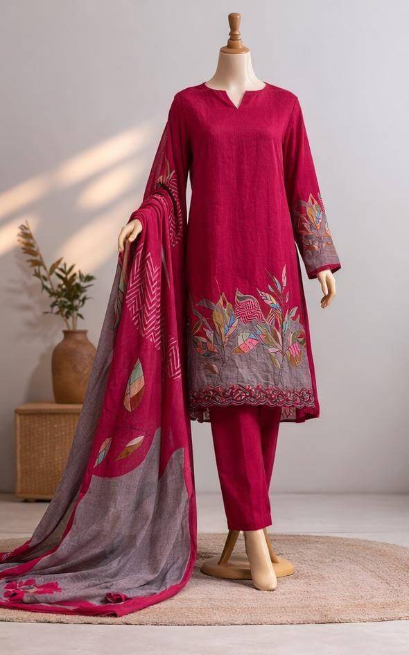 Rani pink embroidered muslin suit set with Botanical Applique & Printed Dupatta.