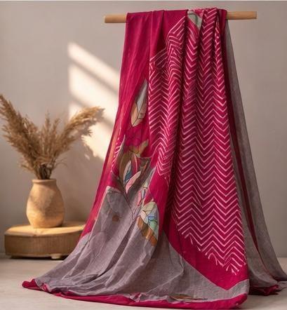 Rani pink embroidered muslin suit set with Botanical Applique & Printed Dupatta.