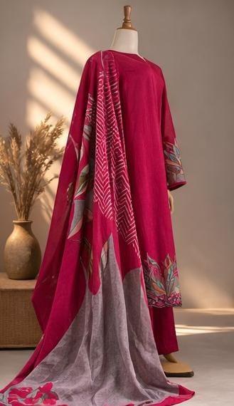 Rani pink embroidered muslin suit set with Botanical Applique & Printed Dupatta.