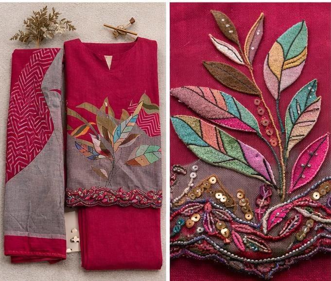 Rani pink embroidered muslin suit set with Botanical Applique & Printed Dupatta.