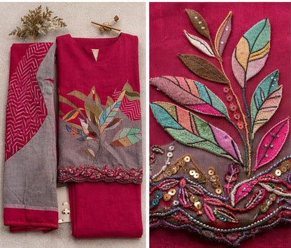 Rani pink embroidered muslin suit set with Botanical Applique & Printed Dupatta.