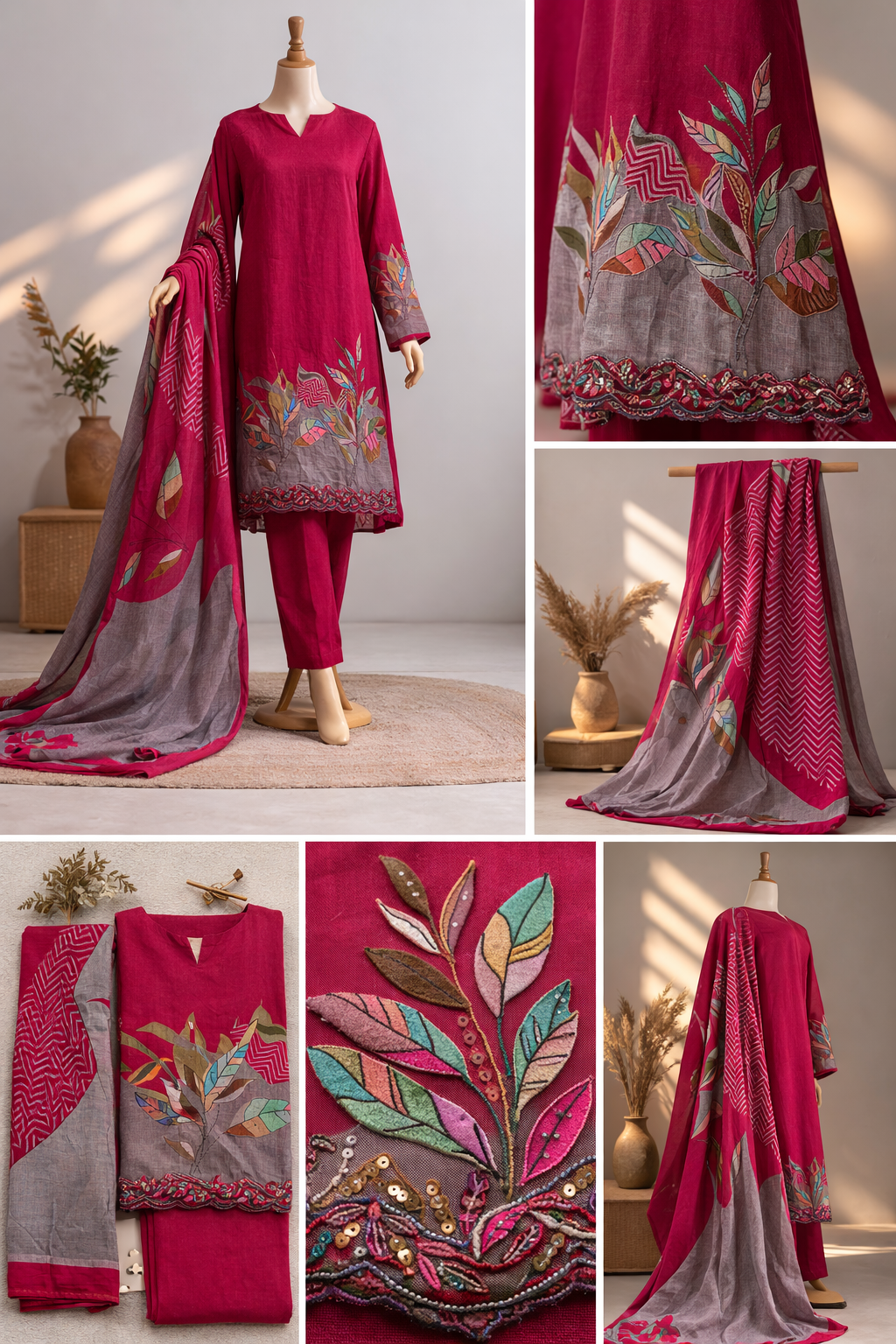 Rani pink embroidered muslin suit set with Botanical Applique & Printed Dupatta.