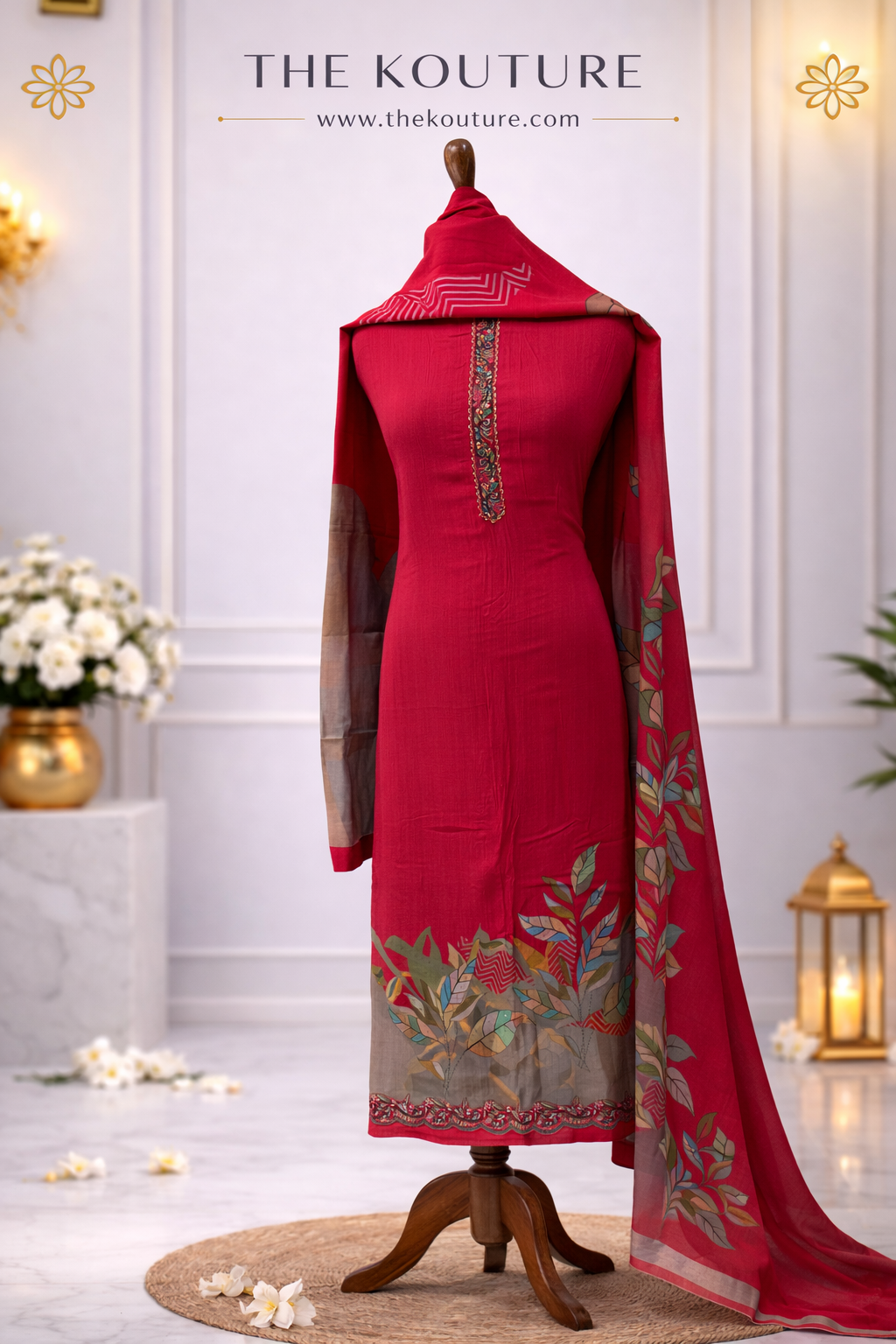 Rani pink embroidered muslin suit set with Botanical Applique & Printed Dupatta.
