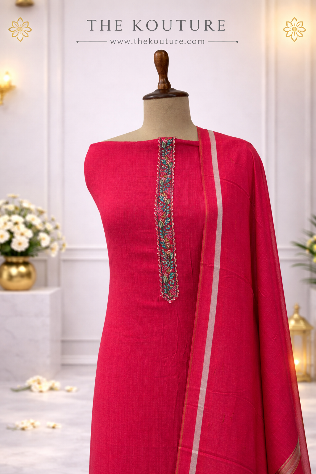 Rani pink embroidered muslin suit set with Botanical Applique & Printed Dupatta.