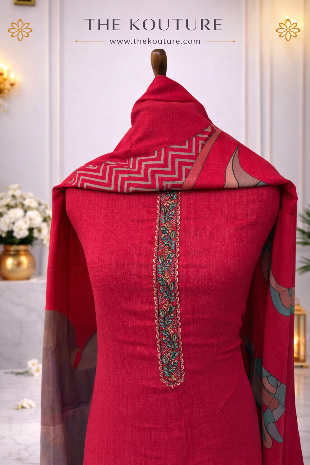 Rani pink embroidered muslin suit set with Botanical Applique & Printed Dupatta.