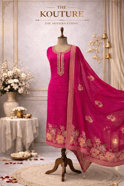 Rani pink embroidered suit set with floral dupatta displayed on a mannequin in elegant setting.