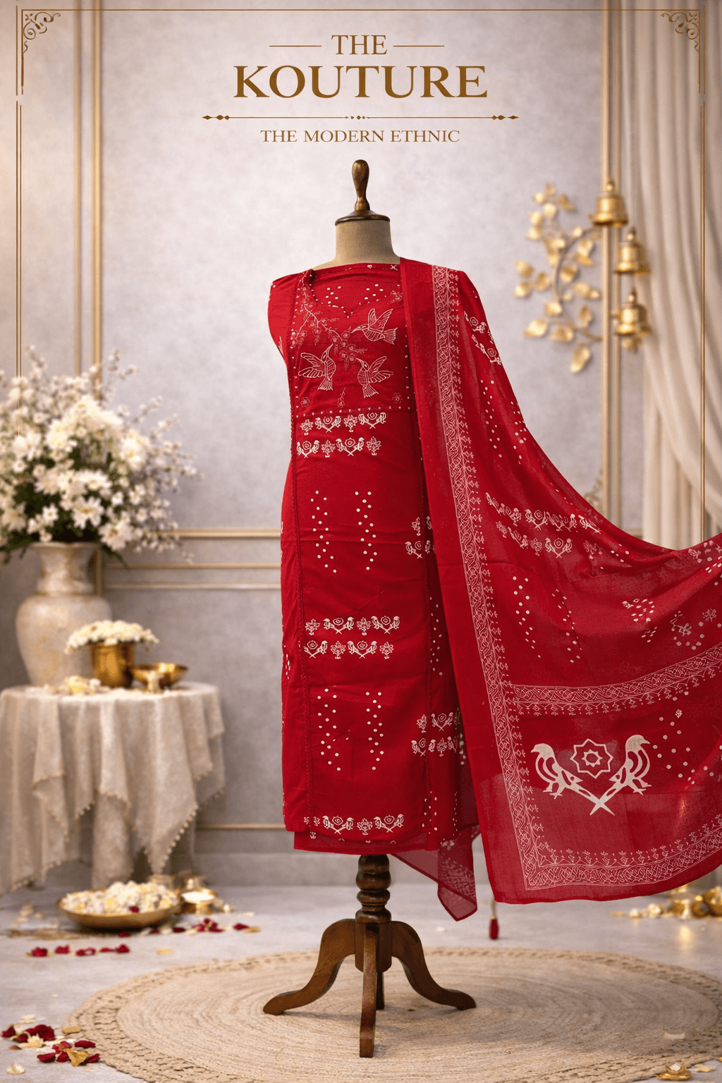 Handblock printed suit set with Folk Bird Motif & Dupatta.
