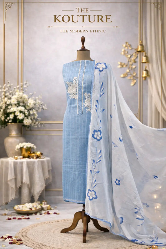 Sky blue ethnic suit set with Printed Dupatta.