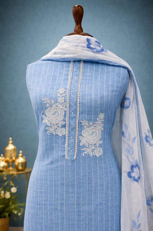 Sky blue ethnic suit set with Printed Dupatta.