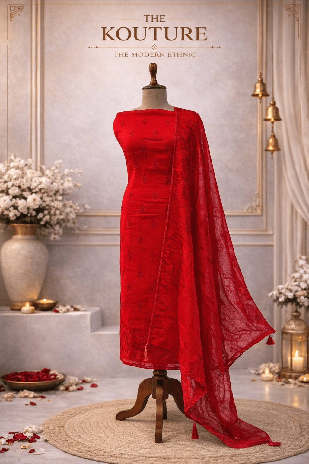Vermilion red embroidered suit set with Peacock Motif & Dupatta.