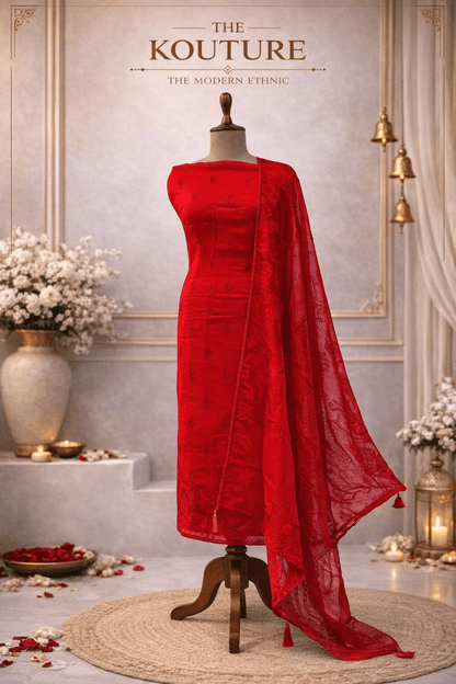 Vermilion red embroidered suit set with Peacock Motif & Dupatta.