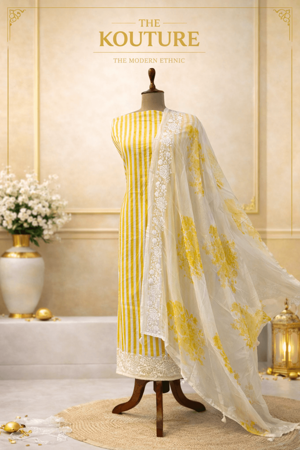 Yellow Striped Embroidered Suit Set with Floral Dupatta.